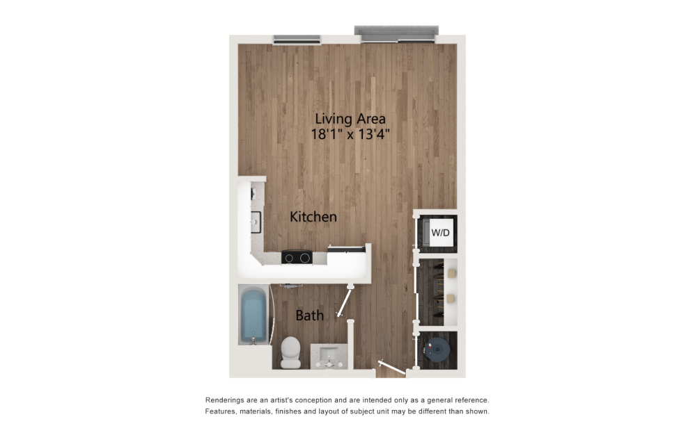 S0 - Studio floorplan layout with 1 bathroom and 488 square feet (Floorplan Dimensions)